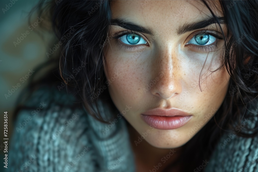 Mesmerizing portrait of a woman, her piercing gaze and delicate features highlighted by flawless skin, perfectly arched eyebrows, fluttering eyelashes, and a bold lip color, capturing the essence of 