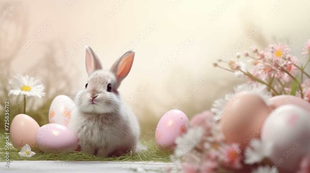 A bunny is sitting in front of some pink eggs. Generative AI. A bunny is sitting in front of some pink eggs. Generative AI.