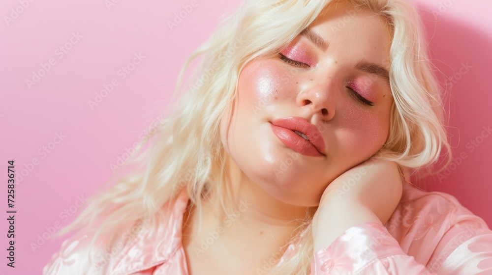 A beautiful plus-size woman poses confidently in a studio portrait against a pastel background. A beautiful plus-size woman poses confidently in a studio portrait against a pastel background.