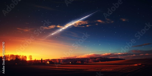 Meteorite falling over the landscape at night. Generative AI.