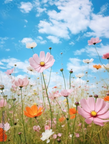 Cosmos flowers in a field with blue sky background. Generative AI. © Natalia