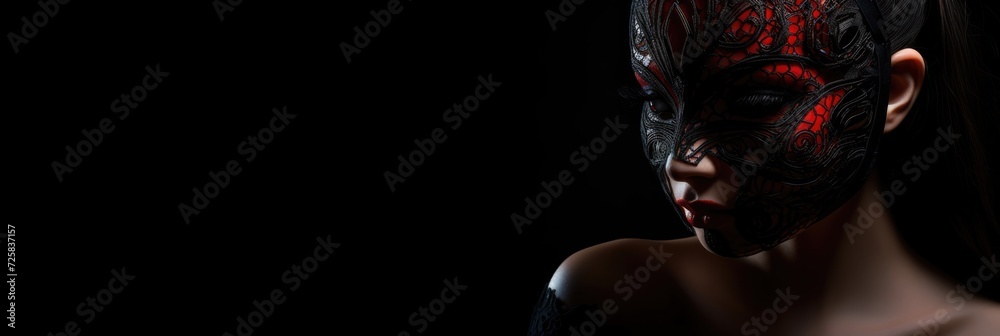 Beautiful woman in a mysterious sexy mask on a black background - obrazy, fototapety, plakaty 