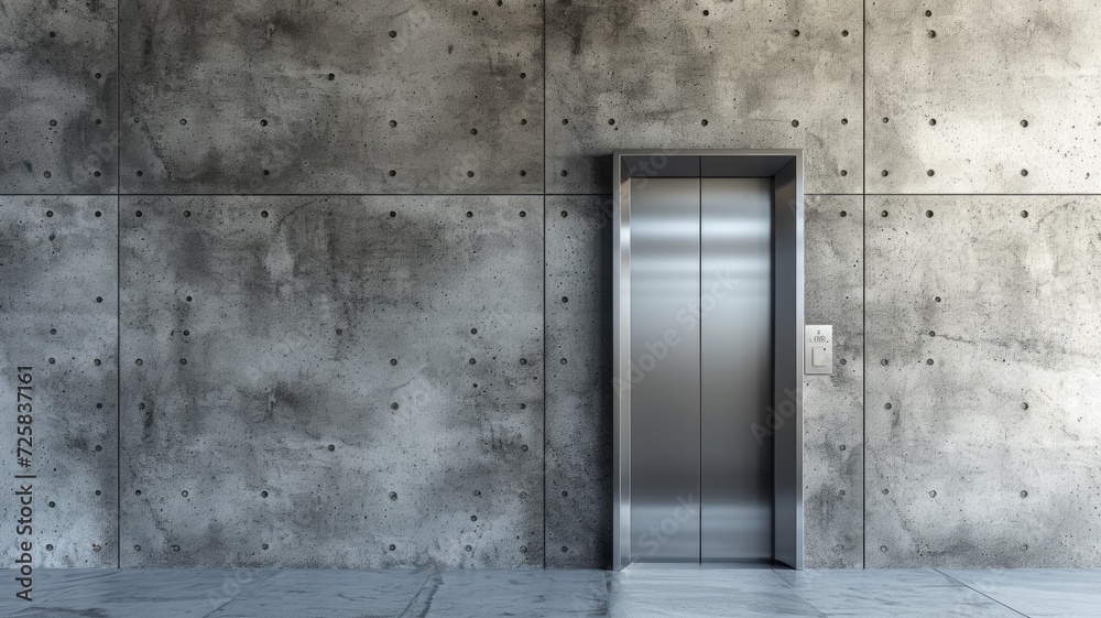 plain metallic silver elevator door against a sleek concrete wall, offering a minimalist canvas for branding in contemporary spaces. plain metallic silver elevator door against a sleek concrete wall, offering a minimalist canvas for branding in contemporary spaces.