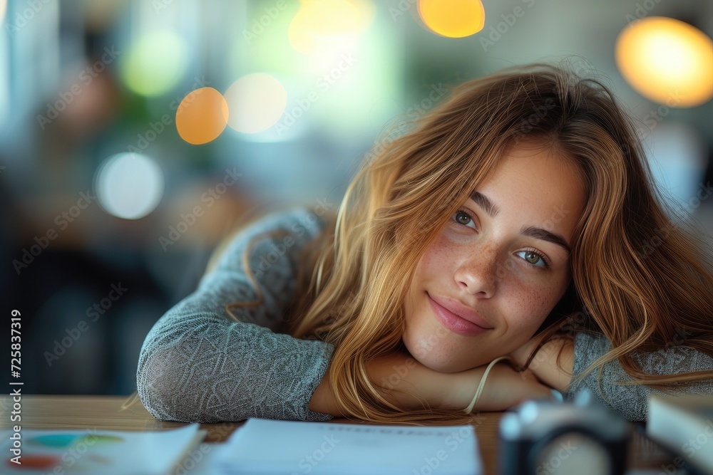 A young woman rests her head on a table, her layered brown hair ...
