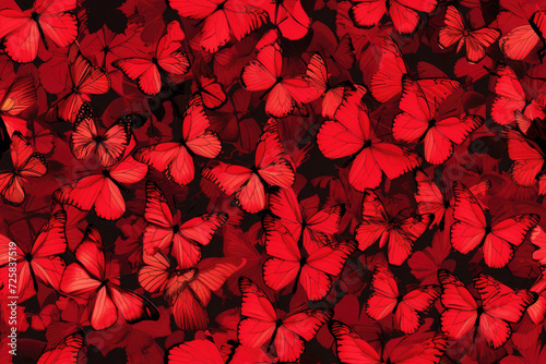 A vibrant swarm of red butterflies with a high-contrast dark backdrop, creating a dramatic effect.