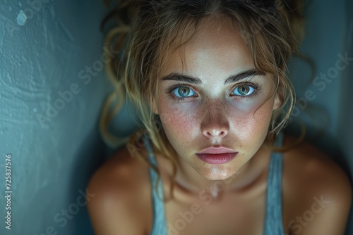 Intense gaze and flawless features captured in striking portrait photography as a woman's piercing eyes meet the camera, framed by delicate eyelashes, arched eyebrows, and a soft lip against an indoo