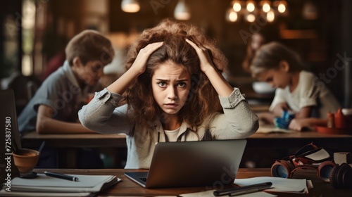 The weight of stress is palpable as a woman at a table, in front of her laptop, visibly distressed, holds her head in her hands, with children in the background.