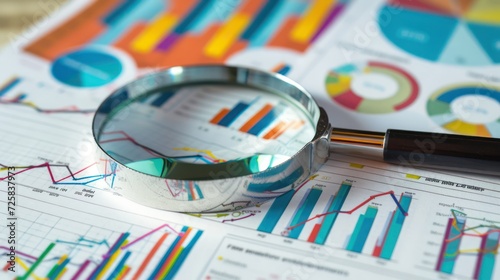 details of business insights with a magnifying glass delving into printed documents adorned with vivid charts and graphs for thorough analysis.