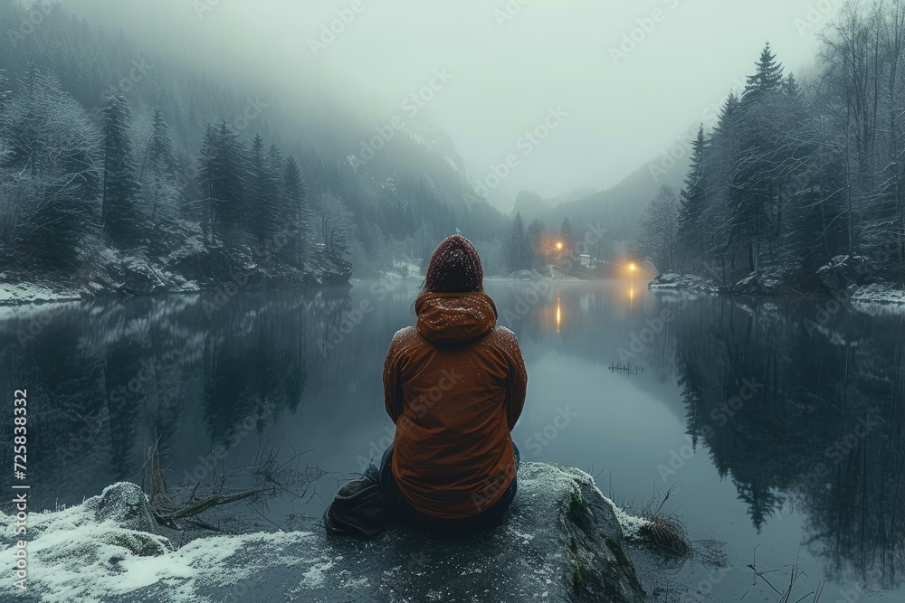 A solitary figure sits on a rocky perch, gazing upon the serene winter lake amidst the foggy mountain landscape, lost in the beauty of nature's tranquil embrace