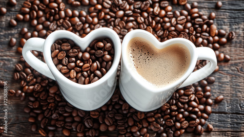  Love in Every Sip. Two Heart-Shaped Cups of Coffee Amidst Coffee Beans.