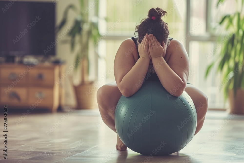 Fat woman cant lose weight despite her sports workouts - obrazy, fototapety, plakaty 