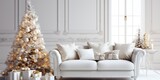 White sofa and trendy Christmas decor in living room.