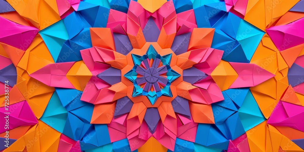 Neon origami mosaic, with bright, folded paper shapes in a kaleidoscopic arrangement, creating a vibrant, abstract pattern