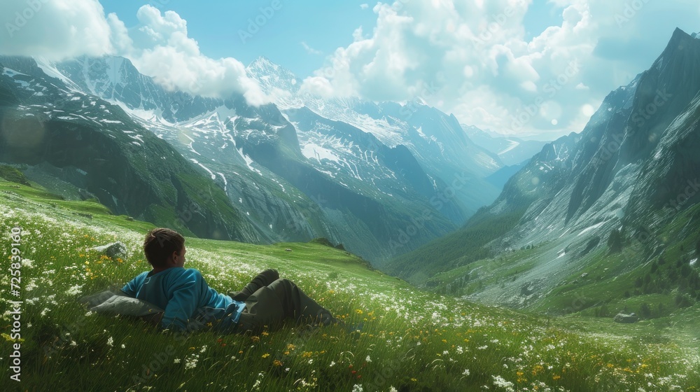 Fototapeta premium a hiker resting peacefully, lying on the lush green grass in the serene valley of a towering mountain, surrounded by breathtaking natural beauty.