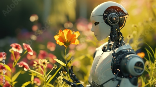 A picture of a cyborg robot and a flower in a garden, representing the idea of benevolent artificial intelligence.
