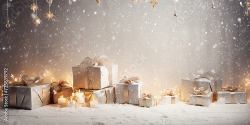 Festive lights and presents adorn the room like a snowy backdrop.