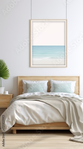 ocean home, bedroom art art seashore, in the style of light cyan and light beige, light pink and light brown, minimalist imagery, realistic seascapes, organic simplicity © Andrey