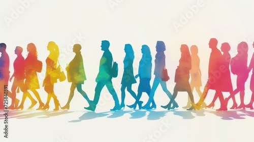 different portraits of people walking with colors and silhouettes, in the style of digitally enhanced photo