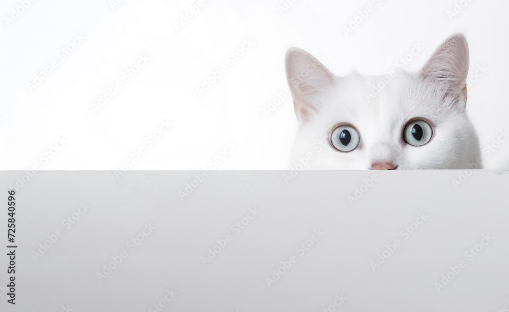 Cute cat peeking from behind paper wall, board banner for advertising, promotion