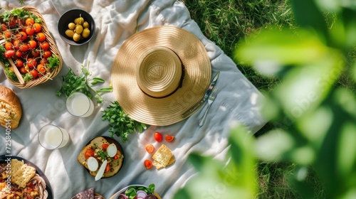 picnic basket with food on grass  in the style of nature-inspired pieces 