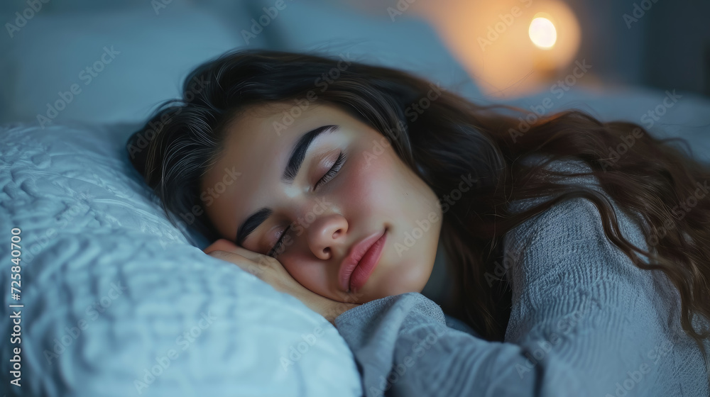 beautiful young girl sleeping in bed, pillow, blanket, lifestyle, dreams, woman, portrait, closed eyes, daily routine, health, sheet, bed linen, top view, sleep