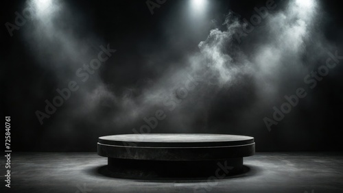 Podium black dark smoke background product platform abstract stage texture fog spotlight. Dark black floor podium dramatic empty night room table concrete wall scene place. generative, ai.