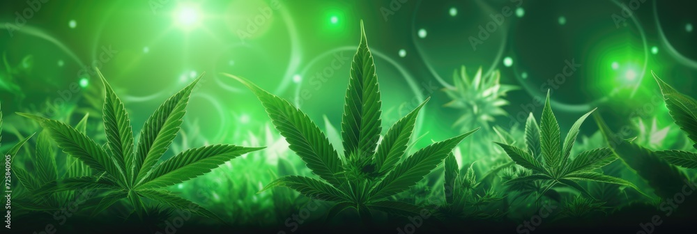 Marijuana plants on background. Green background with hemp leaves. Wide format Marijuana plants on background. Green background with hemp leaves. Wide format