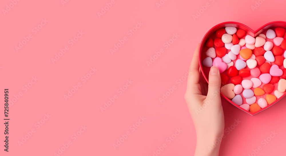 Female hands take candy from a heart-shaped box, top view, empty space. Gift for Valentine's Day. Hands with a package of sweets Female hands take candy from a heart-shaped box, top view, empty space. Gift for Valentine's Day. Hands with a package of sweets