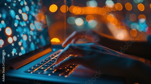 A close-up photograph of someone s hands typing on a laptop keyboard  with the background showing city lights in a bokeh effect.