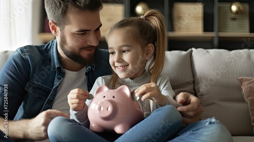 a father guiding his daughter to invest, as they sit together on the couch, the girl happily placing a coin into her piggy bank.