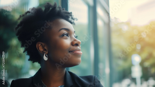 Side profile portrait of a smiling black businesswoman looking into the distance. Copy space. AI generated photo