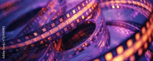 A close-up photograph of a spiral-shaped cinematic film reel, lit up with purple and orange lights.
