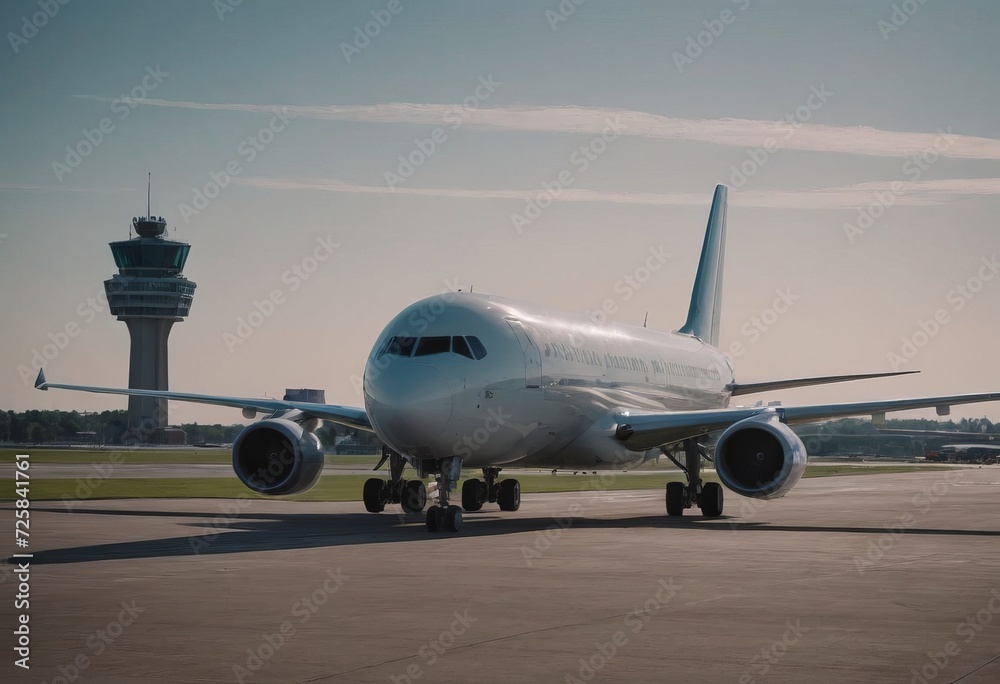 Passanger white plane lands. Airplane on the platform of Airport. Runway. Landing aircraft closeup. Mockup plane with place for text. Cloudy sky. Copy space. Passanger white plane lands. Airplane on the platform of Airport. Runway. Landing aircraft closeup. Mockup plane with place for text. Cloudy sky. Copy space.