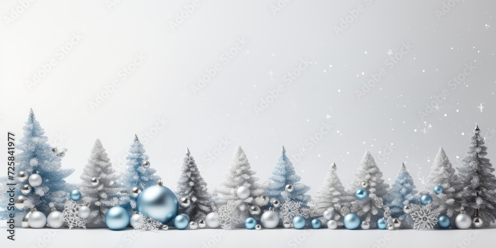 Silver and blue decorated Christmas tree banner with lights on white background, providing space for text.