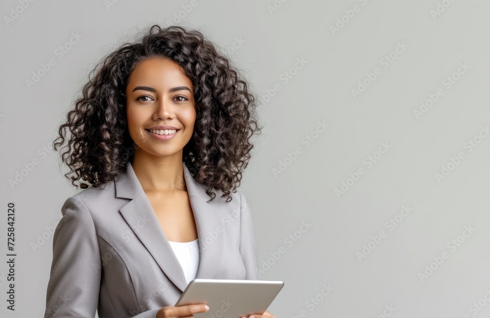 portrait of beautyful and confident business woman teacher in suit holding tablet on gray background with copy space portrait of beautyful and confident business woman teacher in suit holding tablet on gray background with copy space