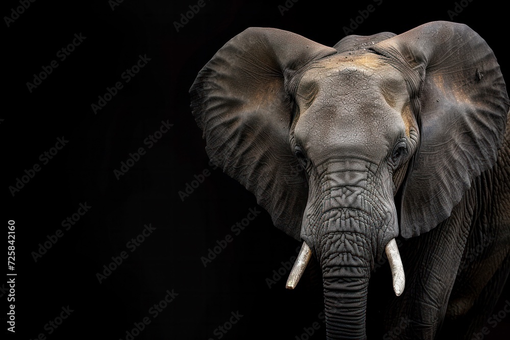 close up of an elephant head on black background, copy space