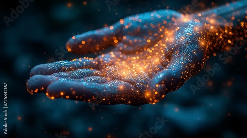 human hand in blue colors with golden dots, human and artificial intelligence interaction concept