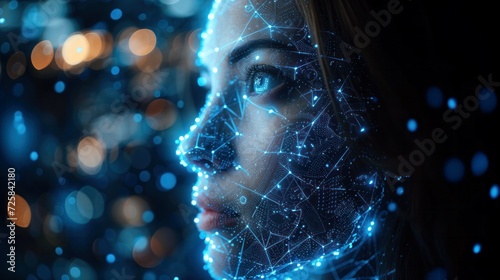 human face in blue colors, concept of artificial intelligence