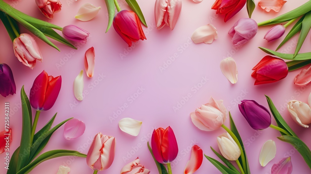 A beautiful ornament tulips and petals scattered on a pink background A beautiful ornament tulips and petals scattered on a pink background