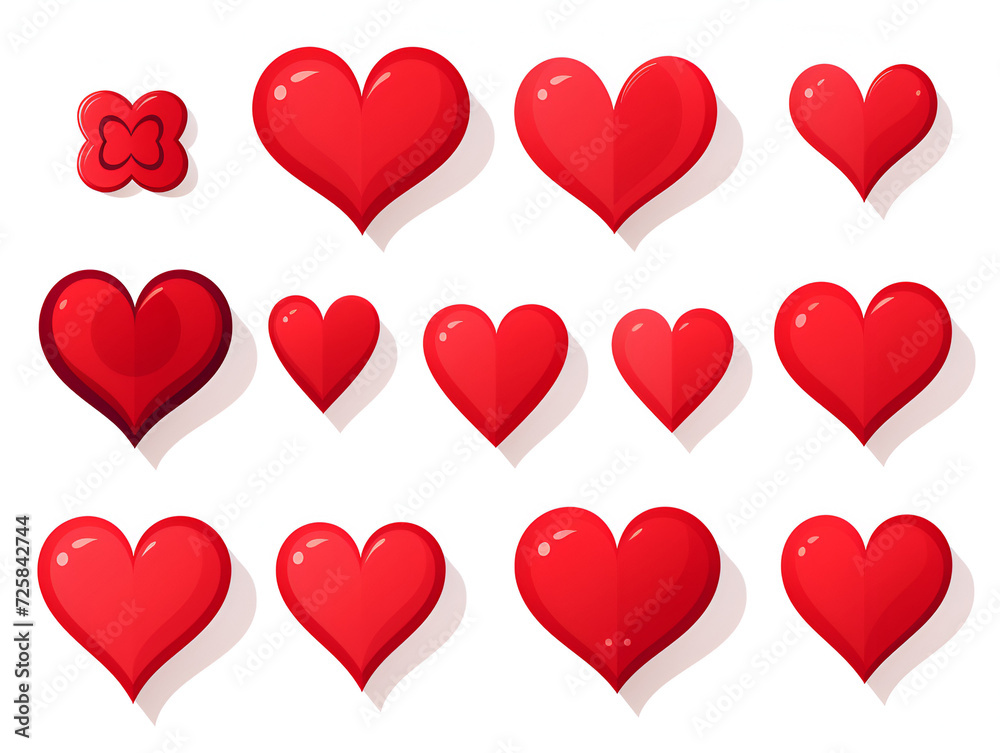 Set illustration of red hearts on white background 