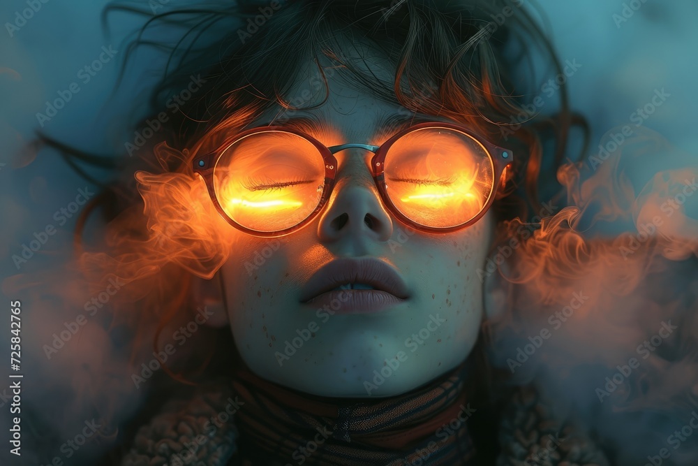A woman with a human face wearing dark spectacles gazes intensely into the outdoors, her eyes glowing with an otherworldly intensity A woman with a human face wearing dark spectacles gazes intensely into the outdoors, her eyes glowing with an otherworldly intensity