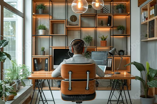 Freelance ou travailleur indépendant devant son bureau en train de regarder par-delà son écran, décors design et industriel ambiance mid-century modern