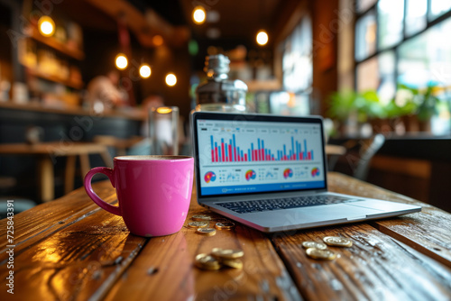 Ordinateur portable de travail dans un café avec des courbes et graphiques à l'écran, audit et rapport d'analyse, reporting et indicateurs de mesure de performance d'entreprise, gestion et finance photo