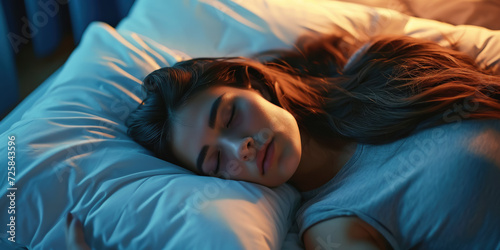 beautiful young girl sleeping in bed, pillow, blanket, lifestyle, dreams, woman, portrait, closed eyes, daily routine, health, sheet, bed linen, top view, sleep photo