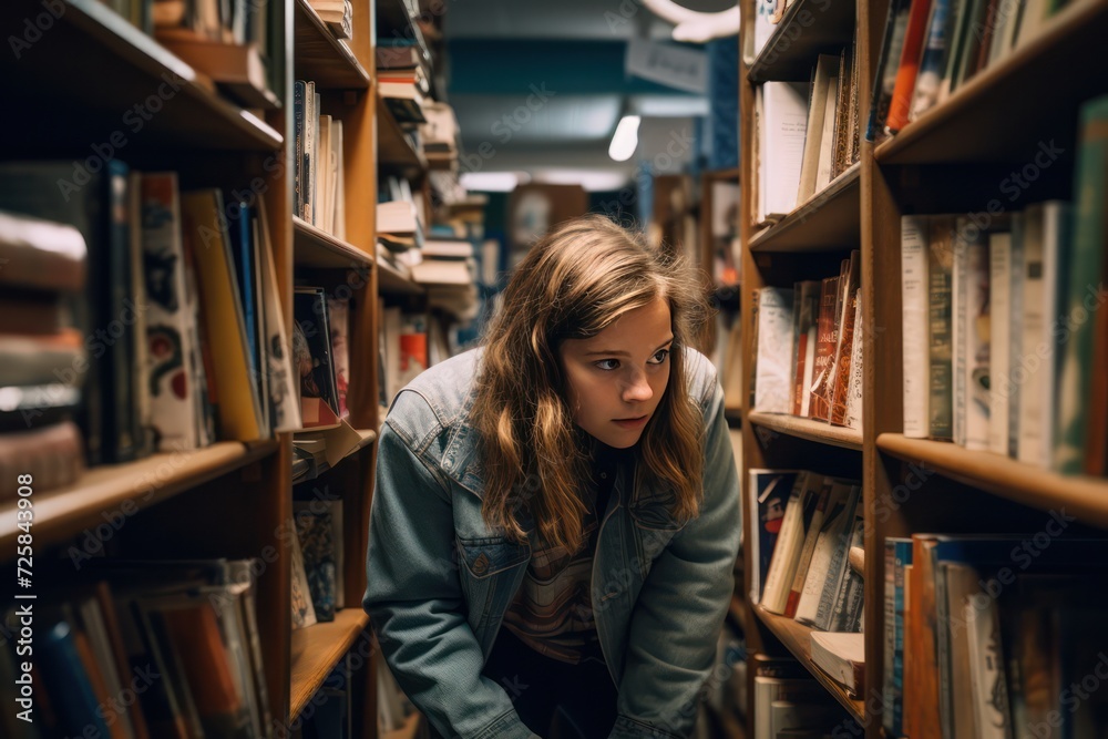 curious student girl looking for a book on bookshelves at school library. Female education. Working on campus as librarian. Book lover. Reading hobby. curious student girl looking for a book on bookshelves at school library. Female education. Working on campus as librarian. Book lover. Reading hobby.