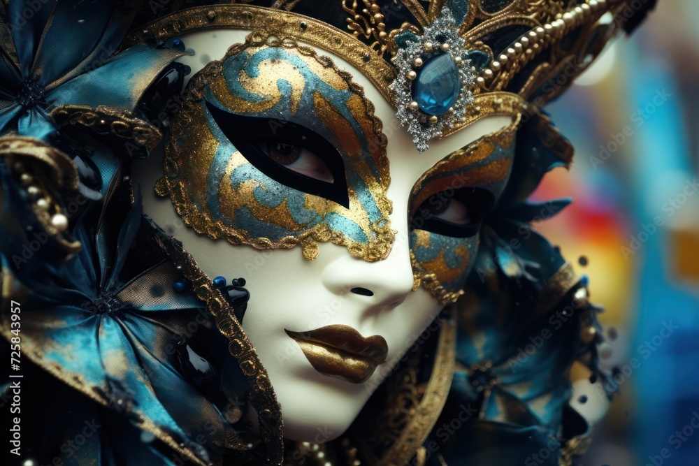 person in carnival mask closeup. Venice February masquerade festival.