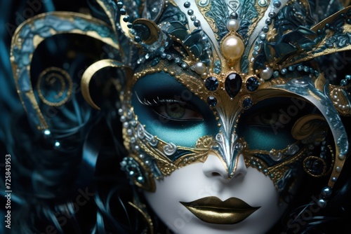 person in carnival mask closeup. Venice February masquerade festival. © Dina