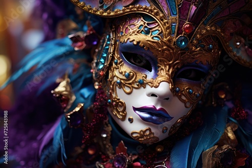 person in carnival mask closeup. Venice February masquerade festival.