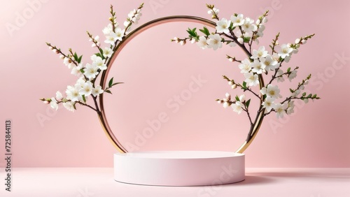 Round podium platform stand for product presentation and spring flowering tree branch with white blossom flowers on pastel background. Front view.  generative, ai. photo