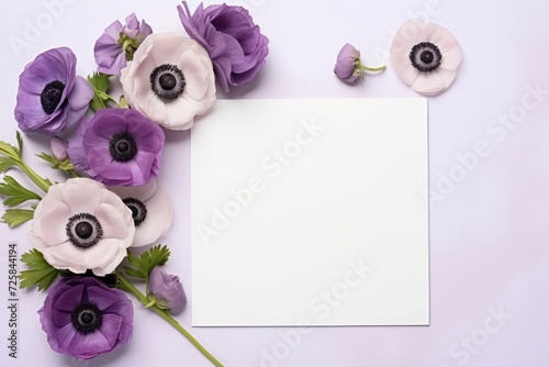 spring purple, lilac, violet anemone flowers and empty white paper mock up